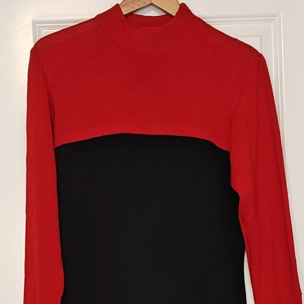 St John Marie Gray Knit Dress Womens 12 Red Black Colorblock Mock‎ Neck Santana - Picture 3 of 13